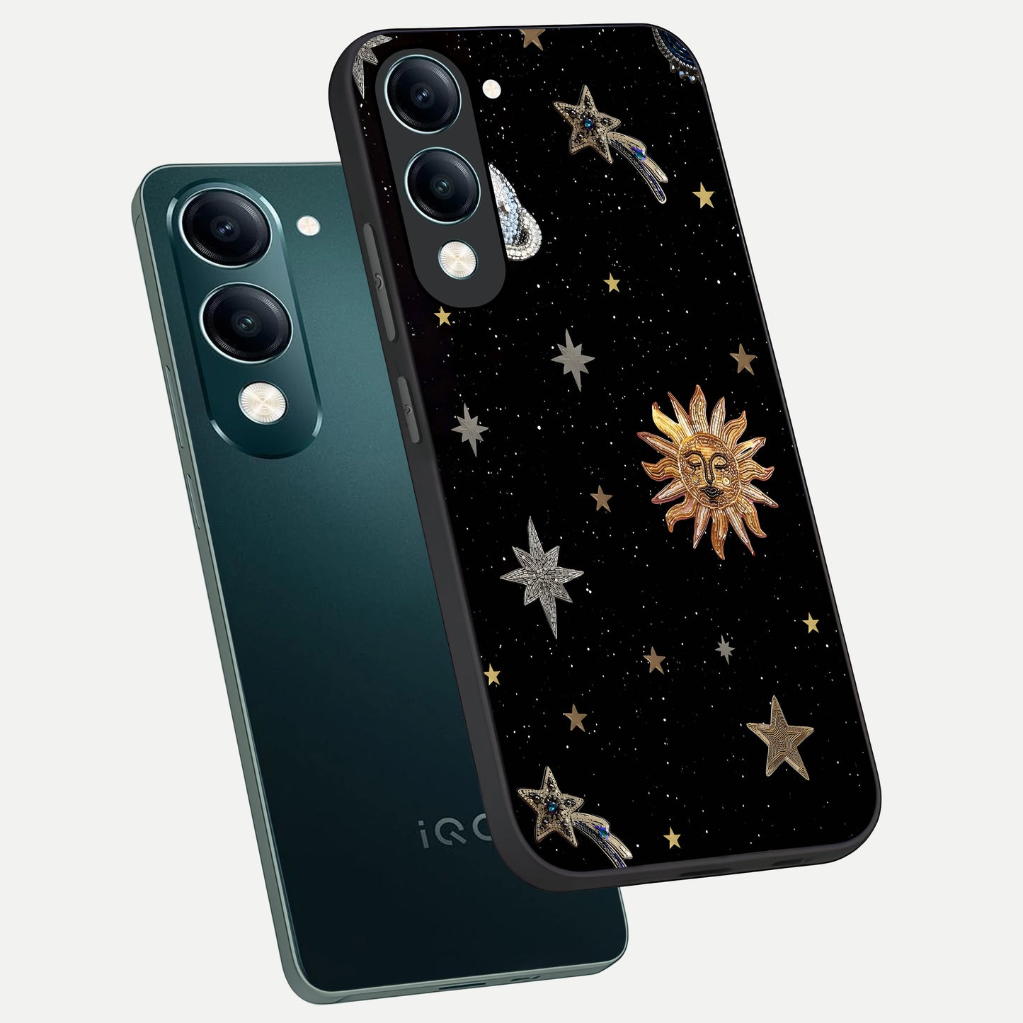  Celestial Moon With Stars phone case for iQOO Z10 Lite showing premium glass back cover with detailed artwork