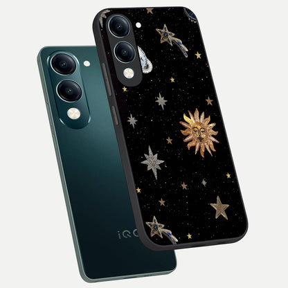  Celestial Moon With Stars phone case for iQOO Z10 Lite showing premium glass back cover with detailed artwork