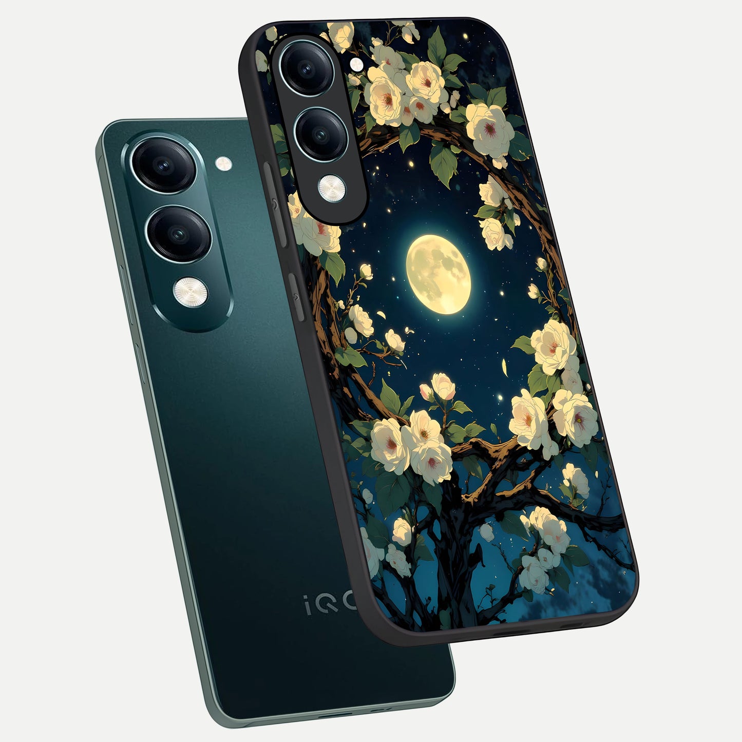  Celestial Moon And Flower phone case for iQOO Z10 Lite showing premium glass back cover with detailed artwork