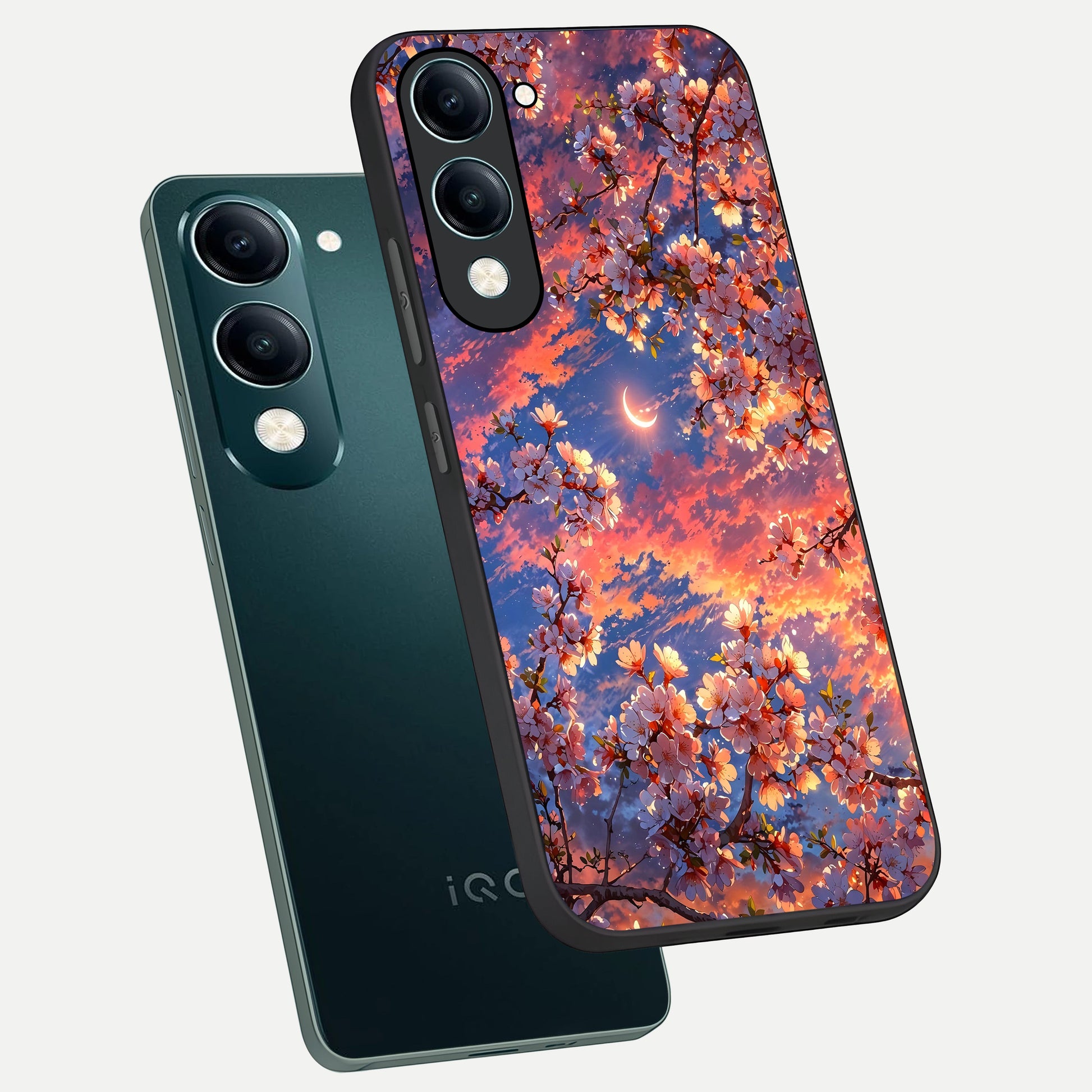  Celestial Sakura Sunset phone case for iQOO Z10 Lite showing premium glass back cover with detailed artwork
