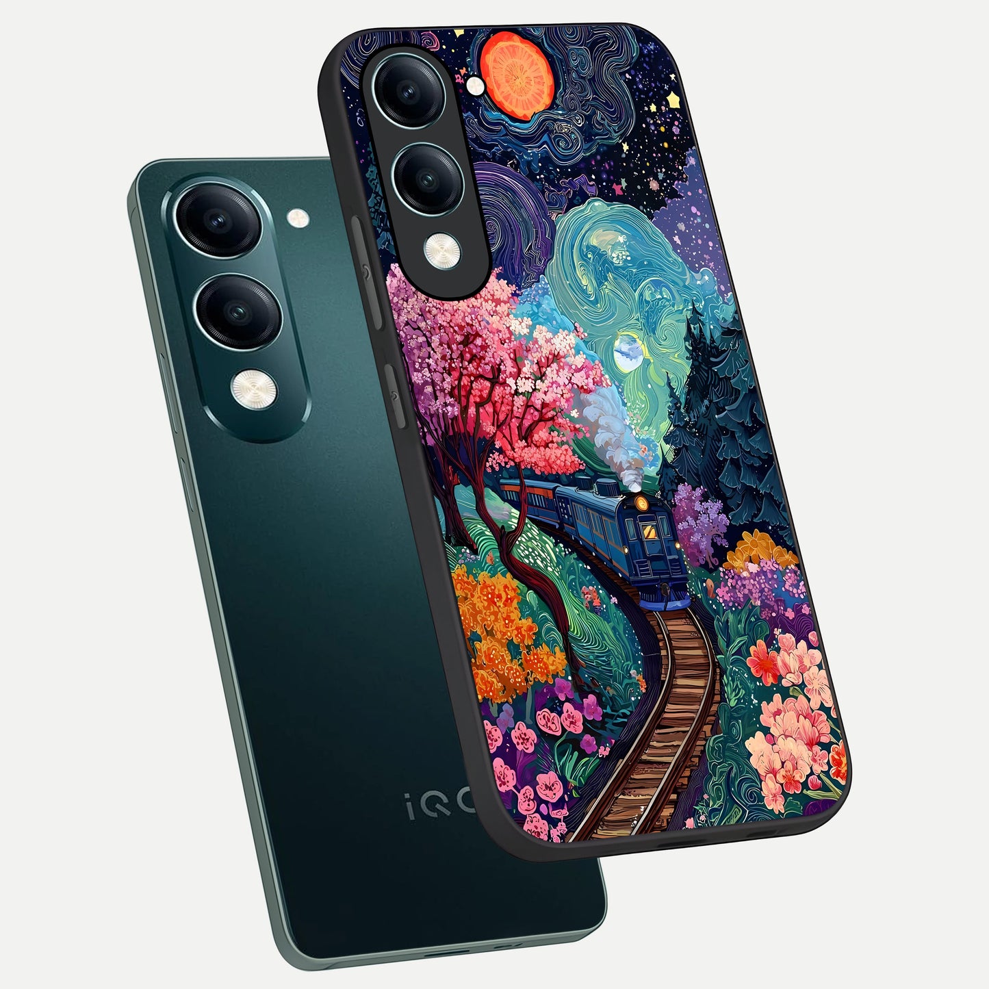  Celestial Train Journey phone case for iQOO Z10 lite showing premium glass back cover with detailed artwork