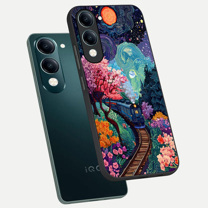  Celestial Train Journey phone case for iQOO Z10 lite showing premium glass back cover with detailed artwork
