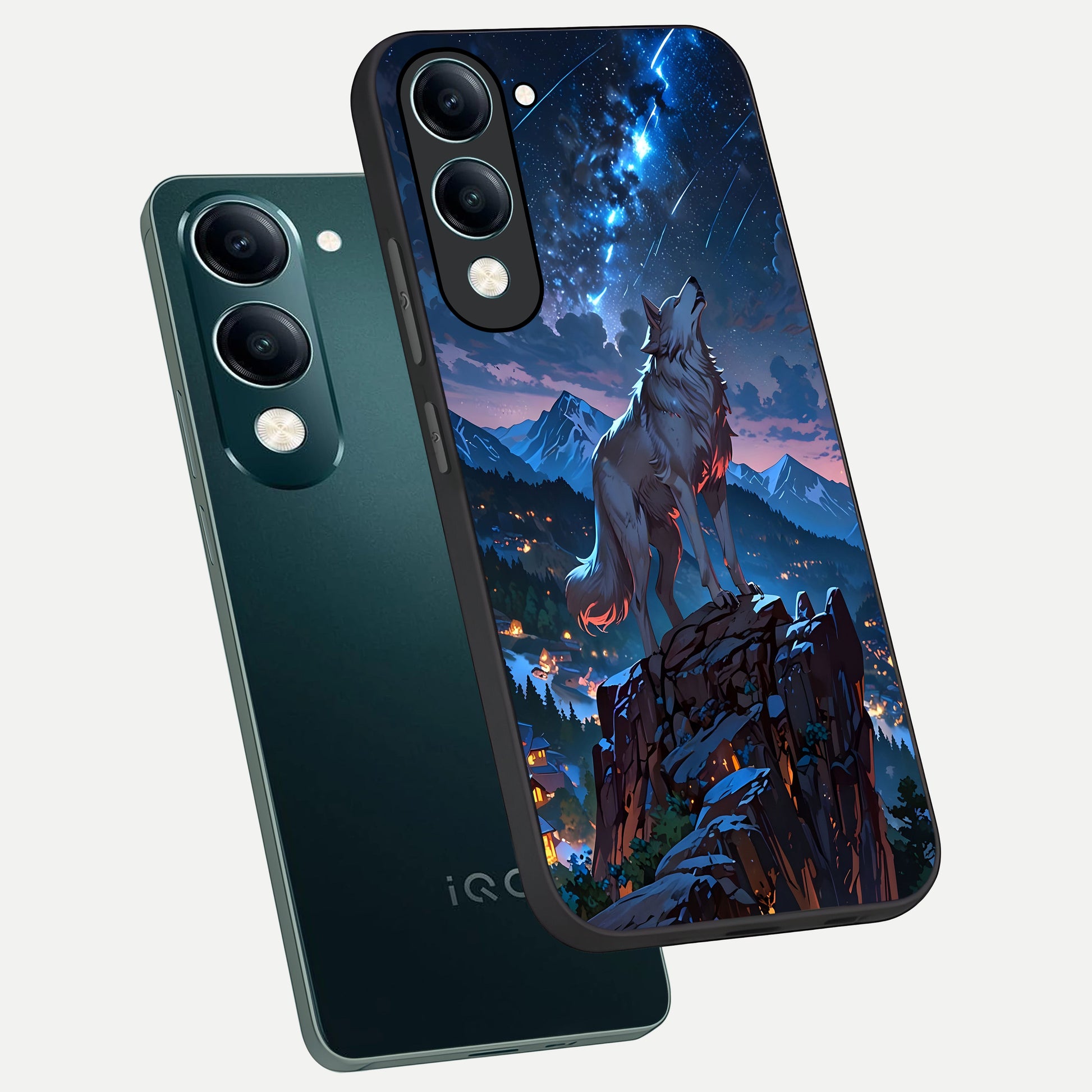  Celestial Wolf Howl phone case for iQOO Z10 lite showing premium glass back cover with detailed artwork