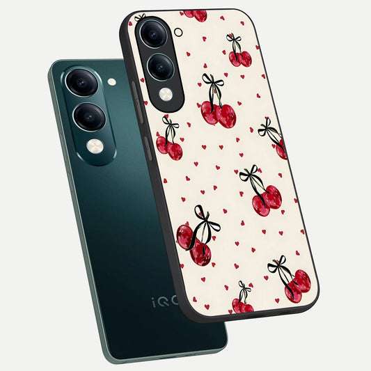  Cherry Heart Bow phone case for iQOO Z10 Lite showing premium glass back cover with detailed artwork