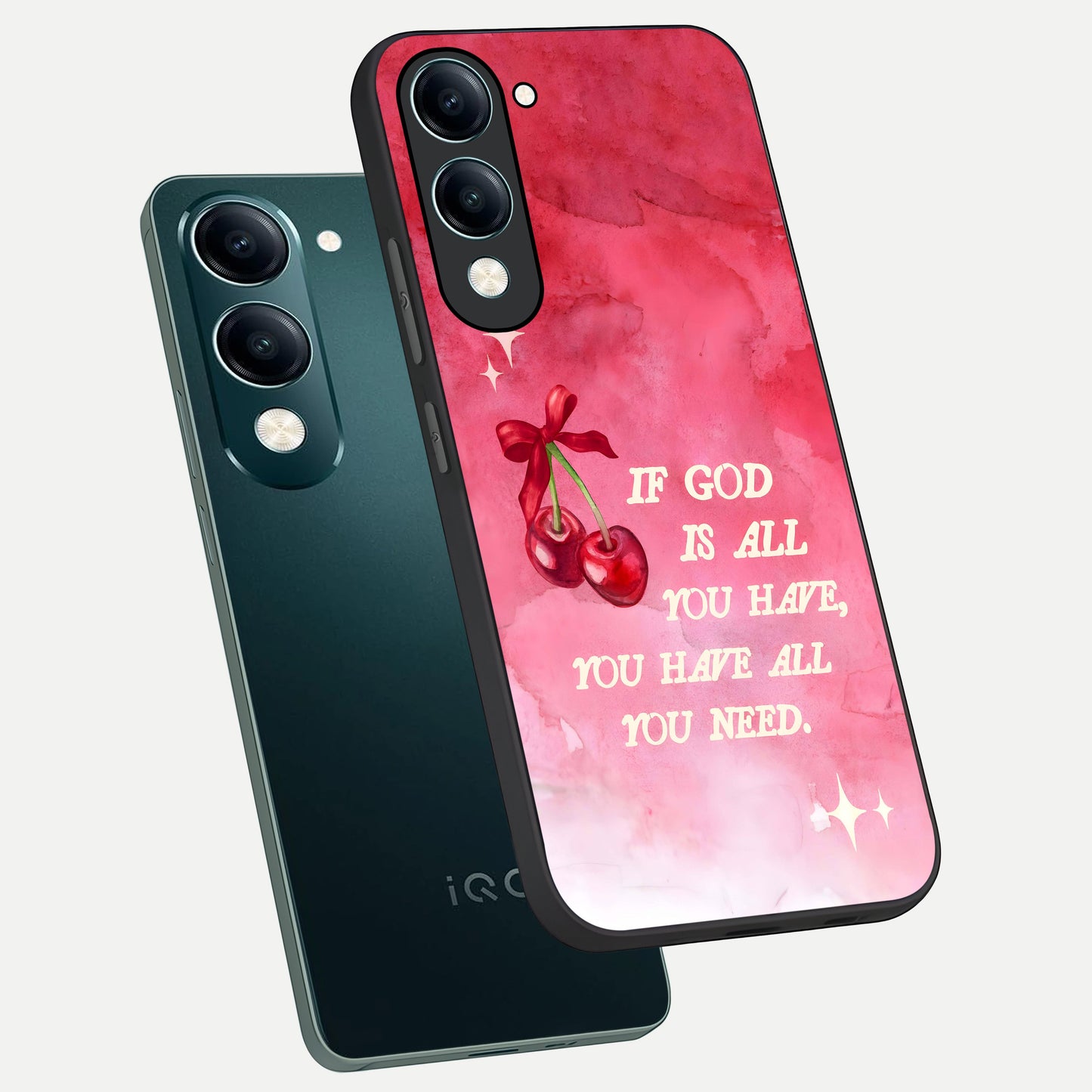  Cherry Quote phone case for iQOO Z10 lite showing premium glass back cover with detailed artwork