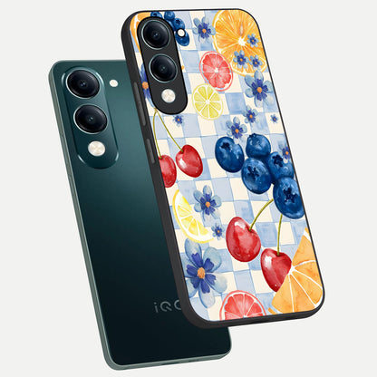  Citrus Bloom Joy phone case for iQOO Z10 Lite showing premium glass back cover with detailed artwork