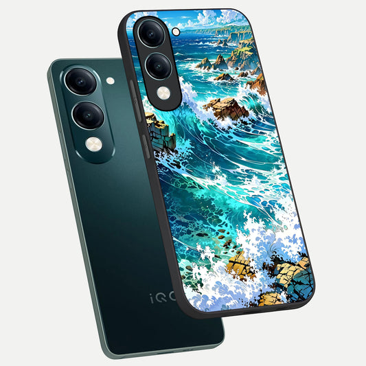  Coastal Blue Waves phone case for iQOO Z10 lite showing premium glass back cover with detailed artwork