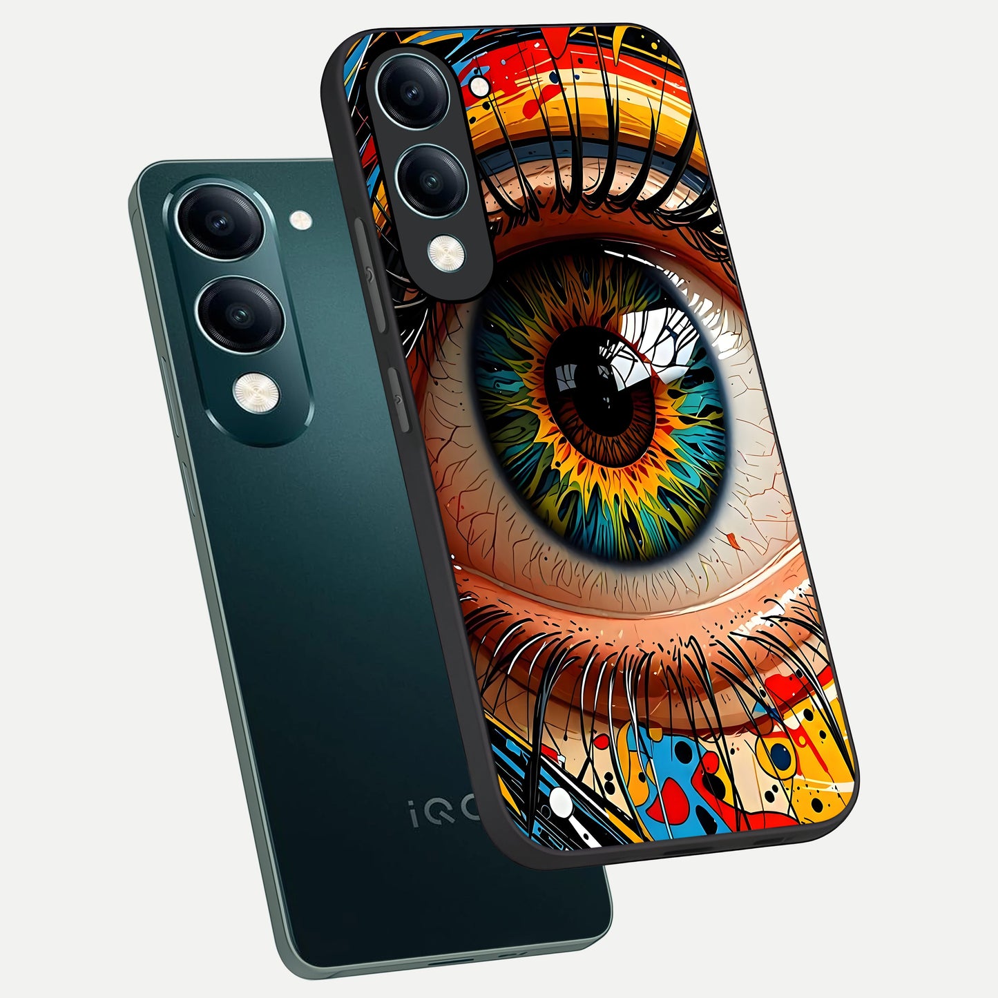  Colorful Eye phone case for iQOO Z10 lite showing premium glass back cover with detailed artwork