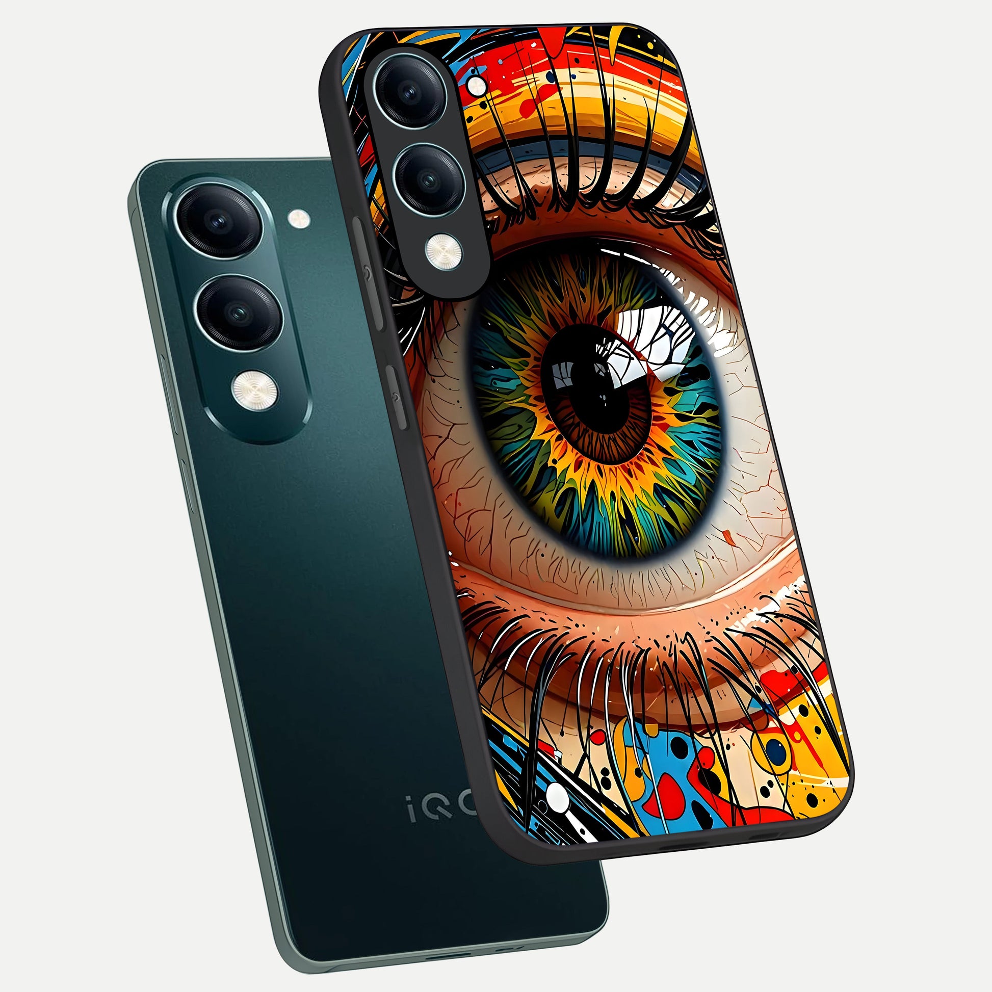  Colorful Eye phone case for iQOO Z10 lite showing premium glass back cover with detailed artwork