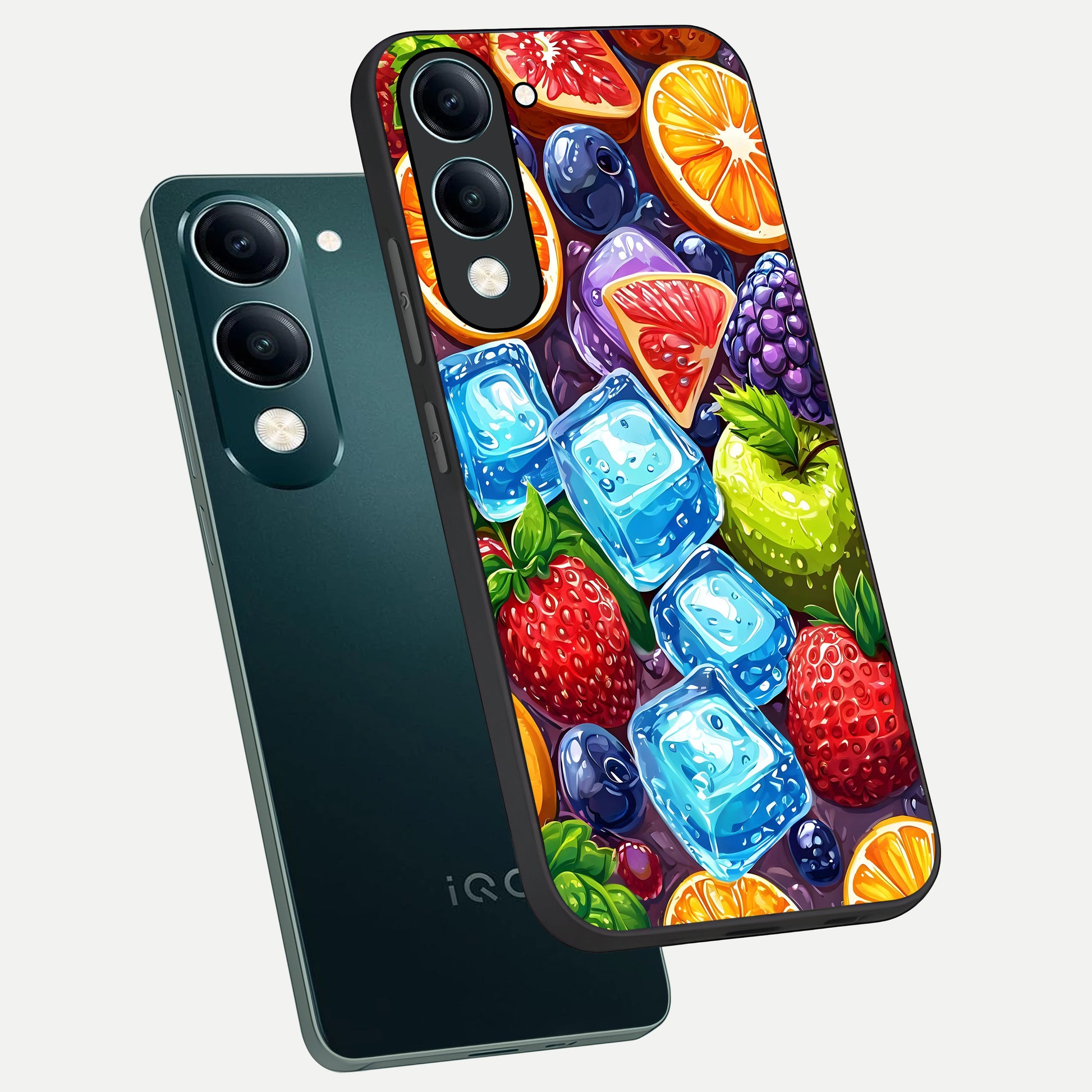  Colorful Fruits with Ice phone case for iQOO Z10 lite showing premium glass back cover with detailed artwork