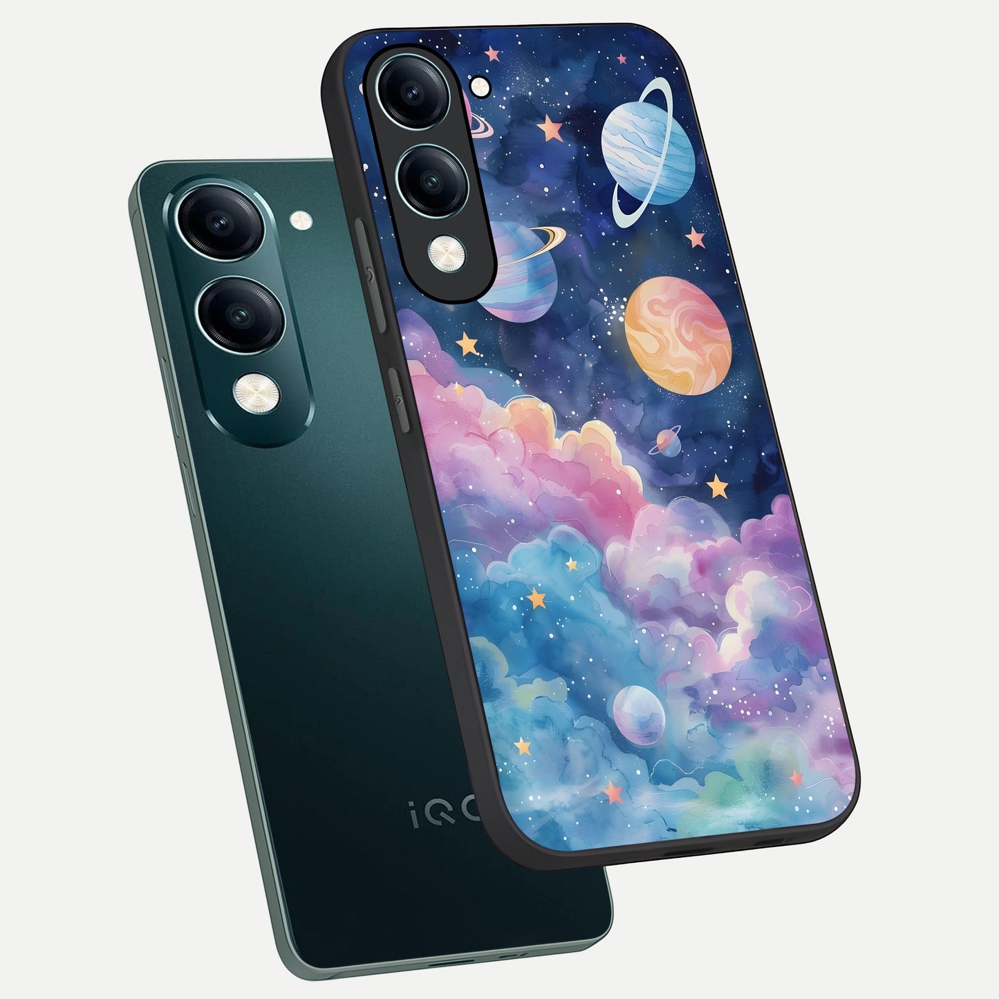  Cosmic Planet Dreams phone case for iQOO Z10 lite showing premium glass back cover with detailed artwork