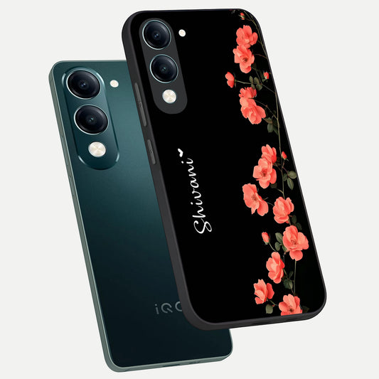  Crimson Bloom Grace Custom Name phone case for iQOO Z10 Lite showing premium glass back cover with detailed artwork