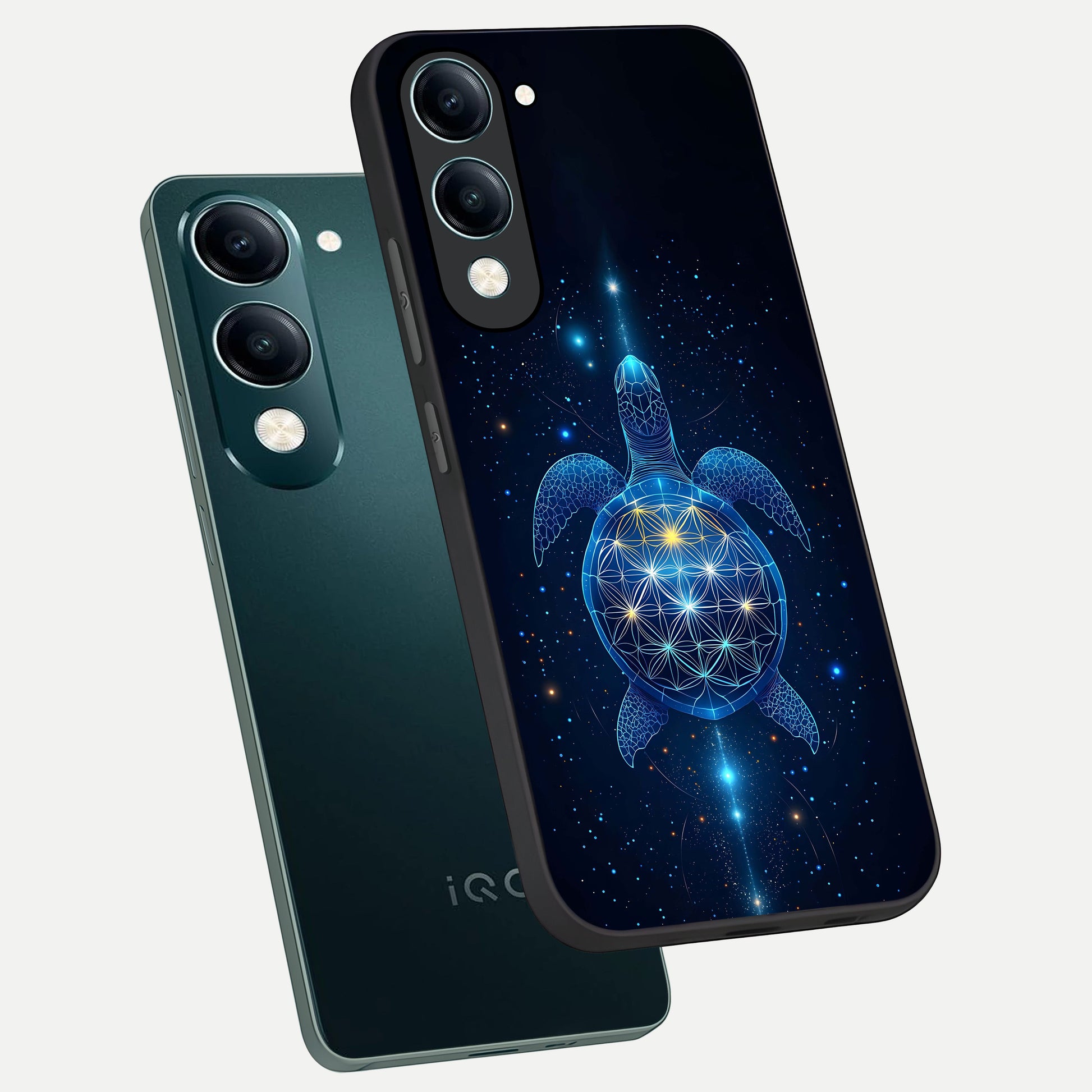  Crimson Blue Turtle phone case for iQOO Z10 Lite showing premium glass back cover with detailed artwork