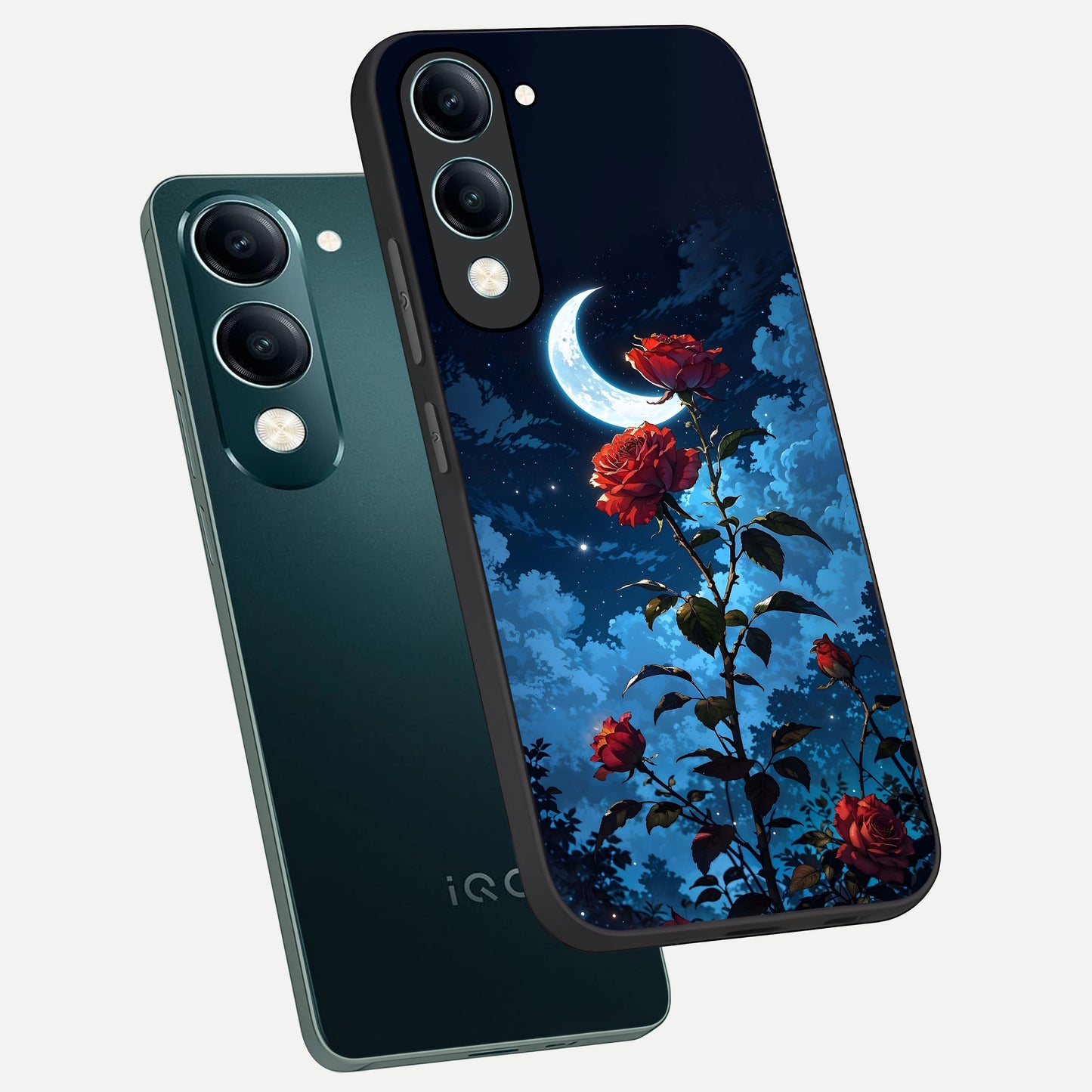  Crimson Rose Moon phone case for iQOO Z10 Lite showing premium glass back cover with detailed artwork