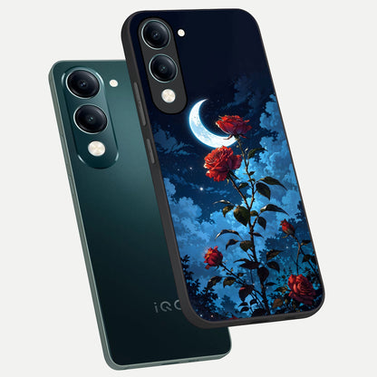  Crimson Rose Moon phone case for iQOO Z10 Lite showing premium glass back cover with detailed artwork