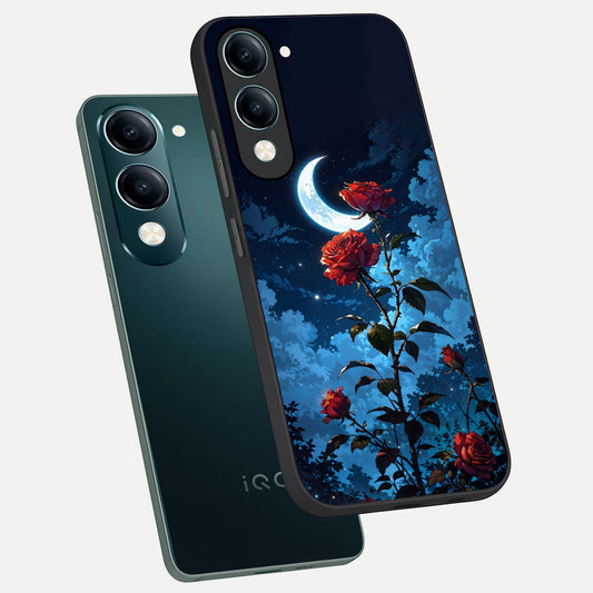  Crimson Rose Moon phone case for iQOO Z10 Lite showing premium glass back cover with detailed artwork