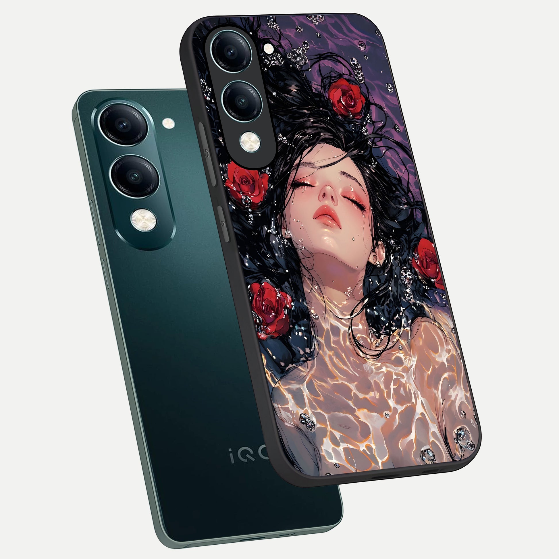  Crimson Rose Serenity phone case for iQOO Z10 Lite showing premium glass back cover with detailed artwork