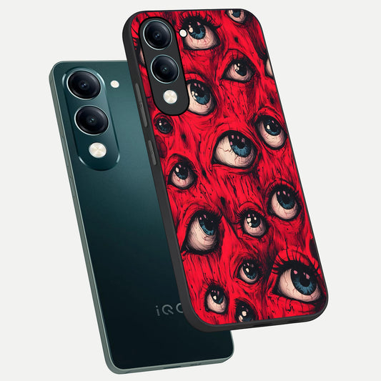  Crimson Watch Eyes phone case for iQOO Z10 lite showing premium glass back cover with detailed artwork