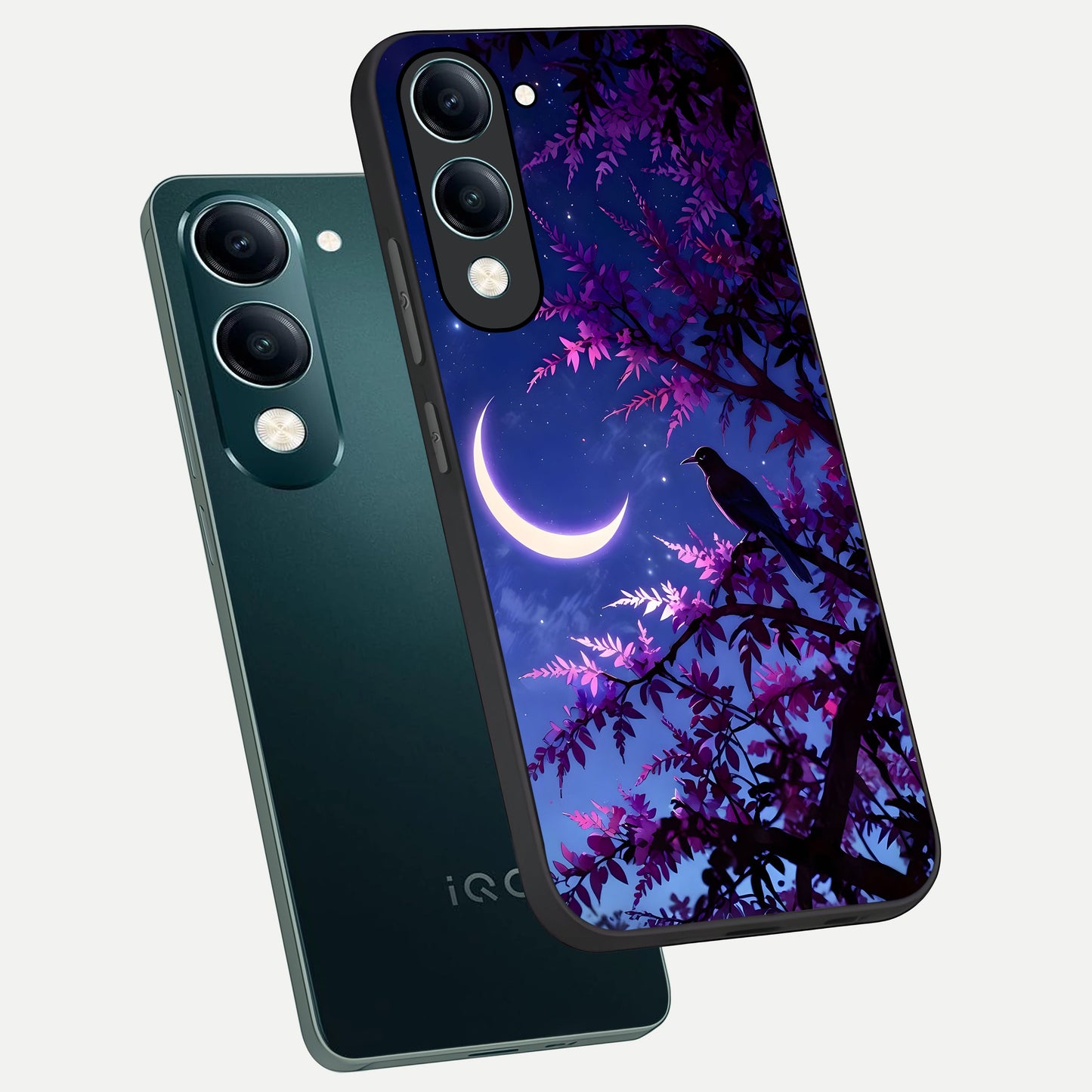  Crow And Moon Scenery phone case for iQOO Z10 Lite showing premium glass back cover with detailed artwork