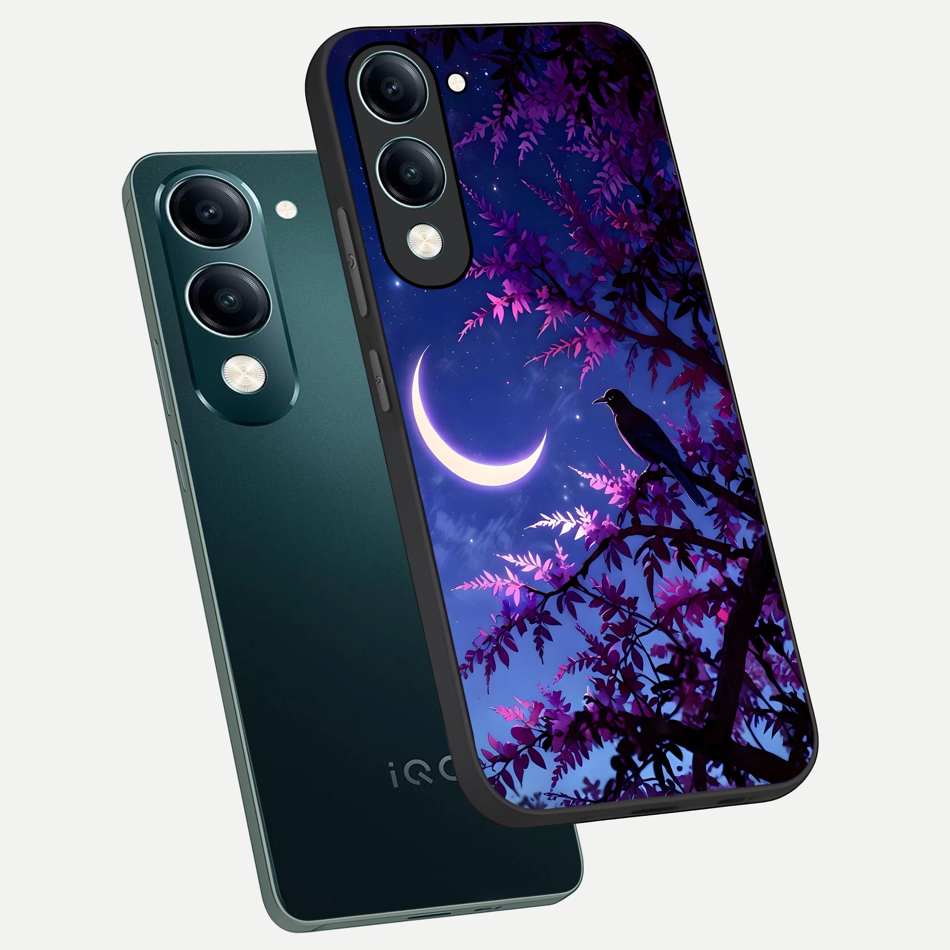  Crow And Moon Scenery phone case for iQOO Z10 Lite showing premium glass back cover with detailed artwork