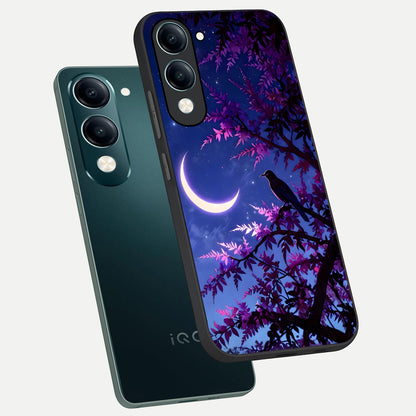  Crow And Moon Scenery phone case for iQOO Z10 Lite showing premium glass back cover with detailed artwork