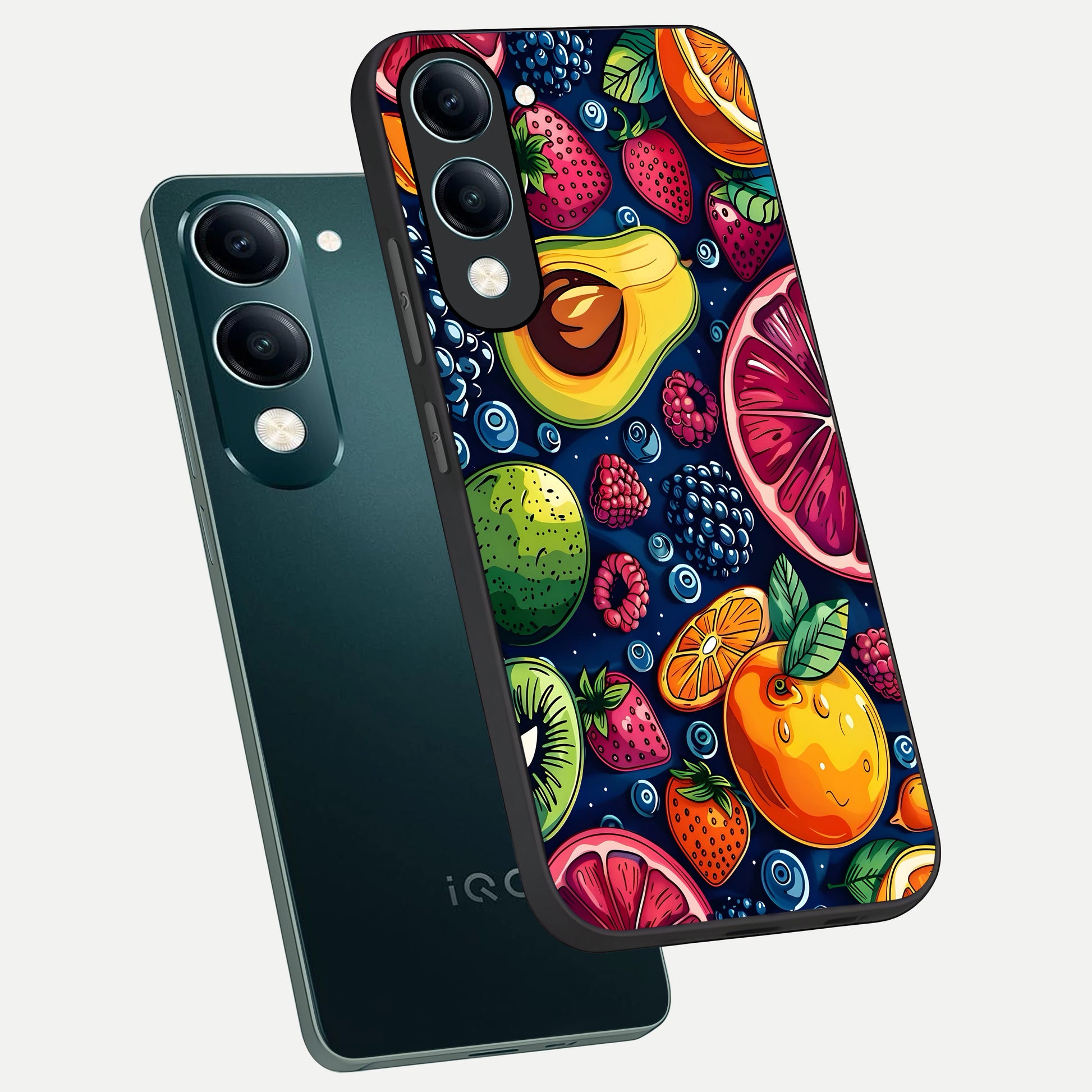  Cute Fruits Art phone case for iQOO Z10 lite showing premium glass back cover with detailed artwork
