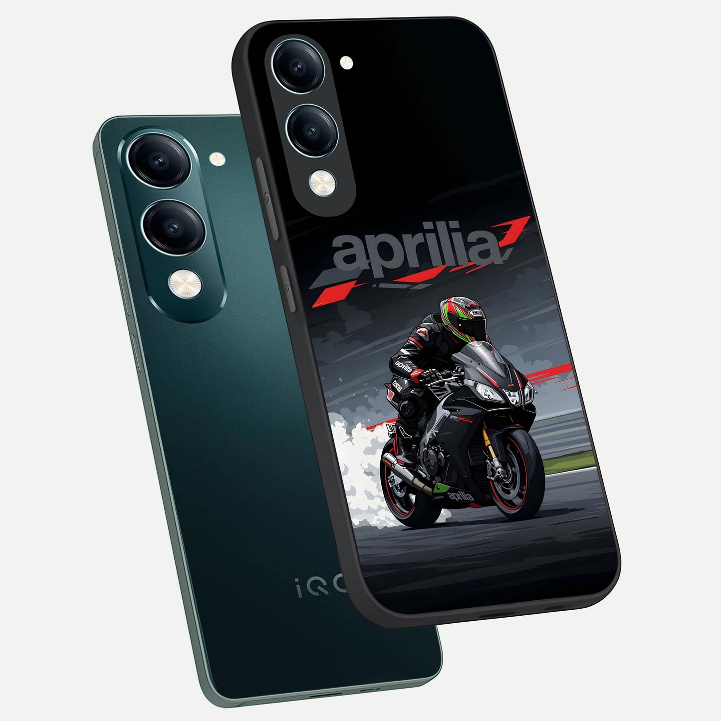  Dark Aprilla phone case for iQOO Z10 lite showing premium glass back cover with detailed artwork
