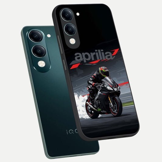  Dark Aprilla phone case for iQOO Z10 lite showing premium glass back cover with detailed artwork