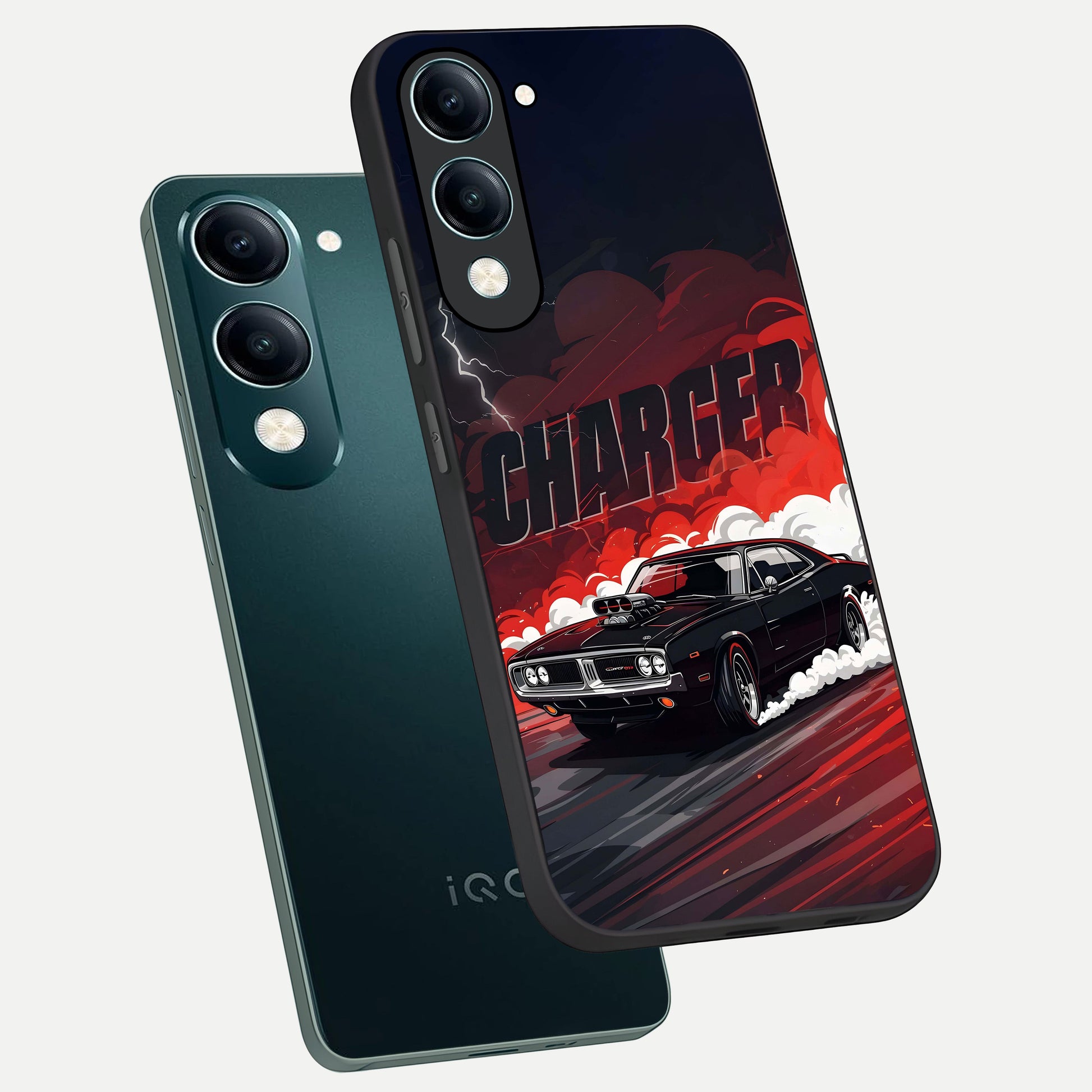  Dark Charger Fury phone case for iQOO Z10 Lite showing premium glass back cover with detailed artwork