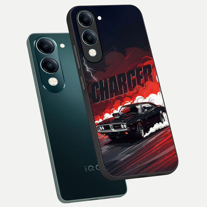  Dark Charger Fury phone case for iQOO Z10 Lite showing premium glass back cover with detailed artwork
