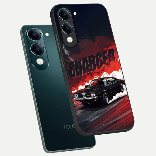  Dark Charger Fury phone case for iQOO Z10 Lite showing premium glass back cover with detailed artwork