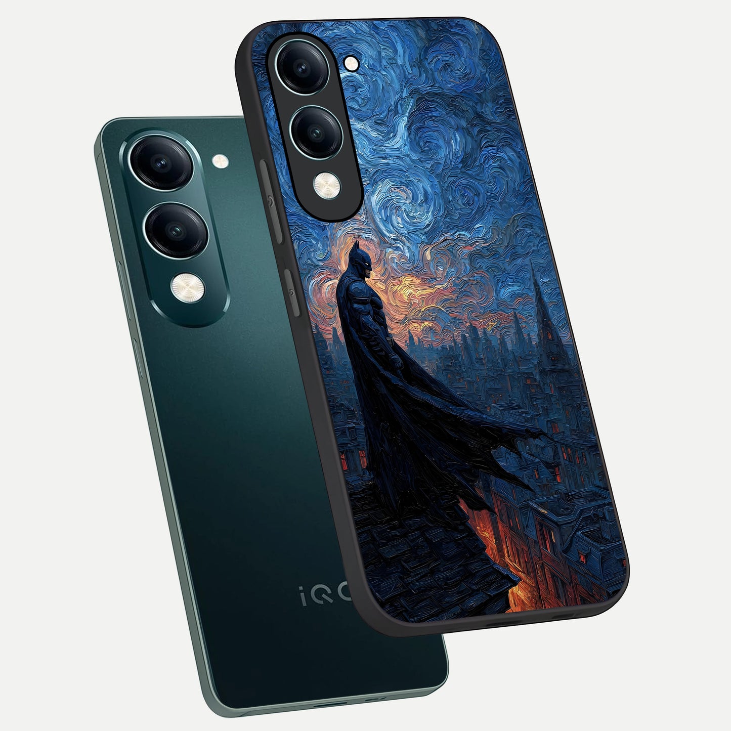  Dark Knight Dusk phone case for iQOO Z10 Lite showing premium glass back cover with detailed artwork
