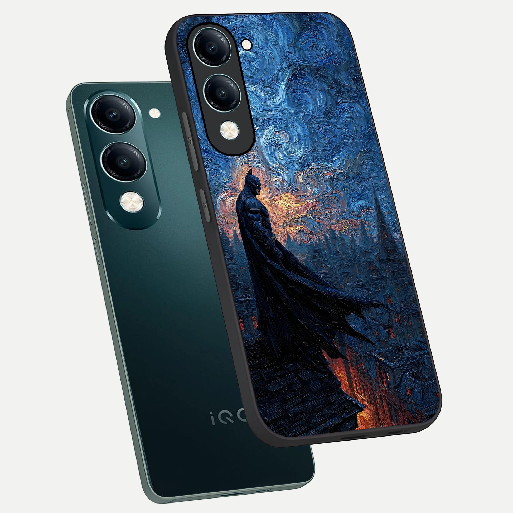  Dark Knight Dusk phone case for iQOO Z10 Lite showing premium glass back cover with detailed artwork