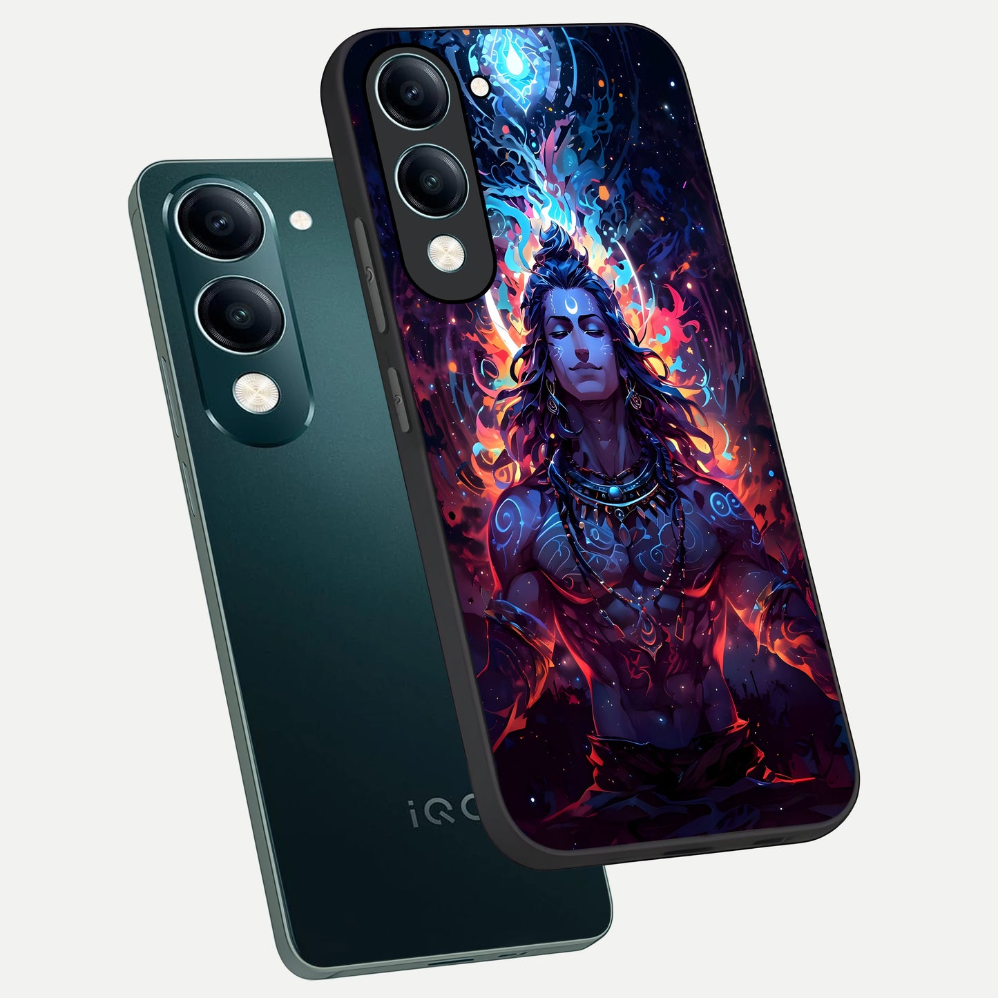  Divine Fire Shiv phone case for iQOO Z10 lite showing premium glass back cover with detailed artwork
