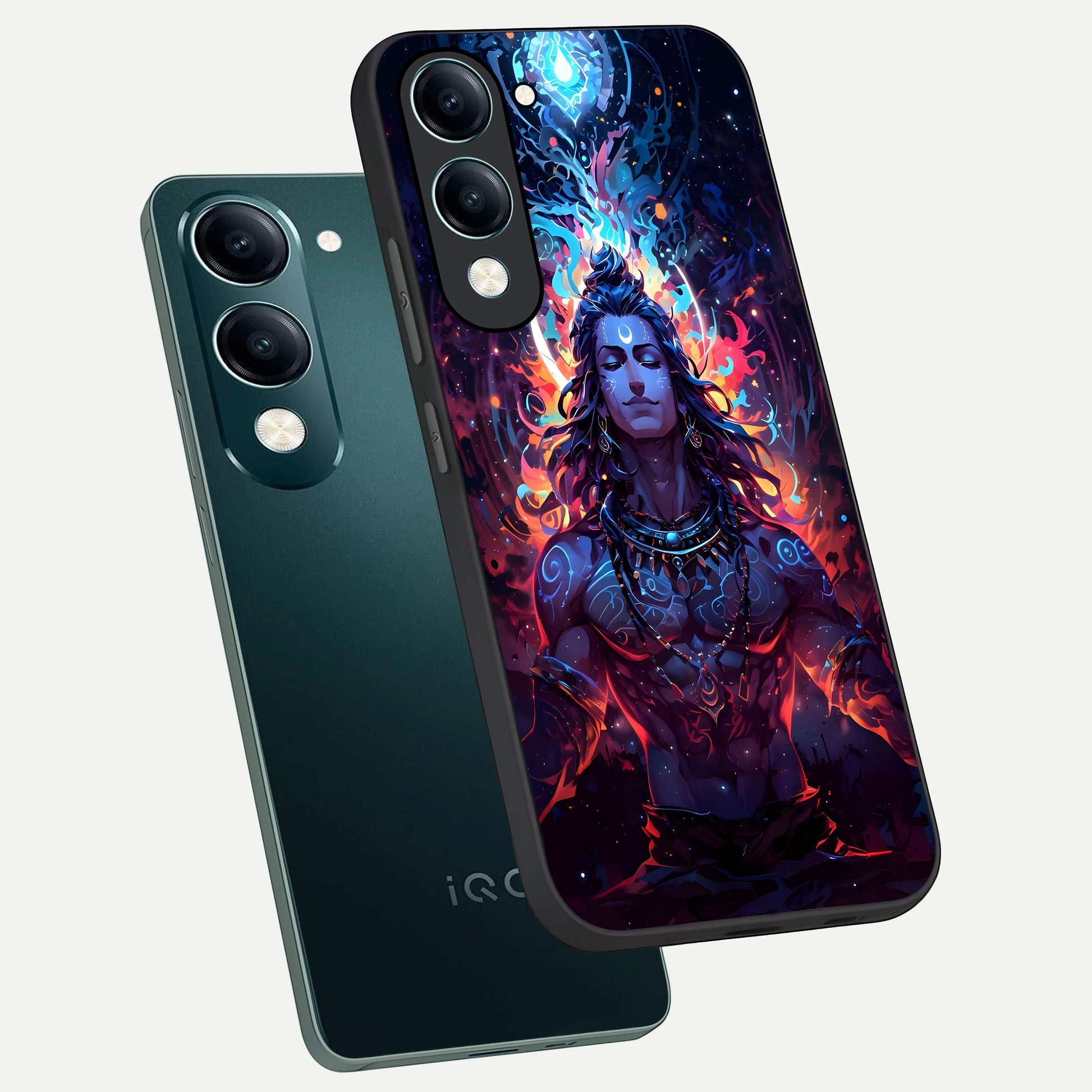  Divine Fire Shiv phone case for iQOO Z10 lite showing premium glass back cover with detailed artwork