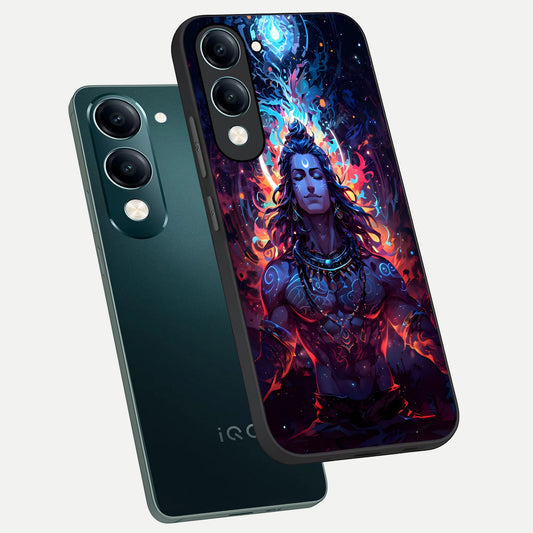  Divine Fire Shiv phone case for iQOO Z10 lite showing premium glass back cover with detailed artwork