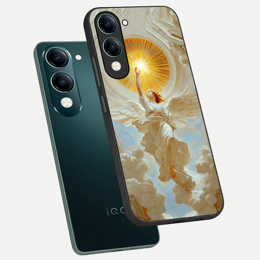  Divine Light Angel phone case for iQOO Z10 Lite showing premium glass back cover with detailed artwork