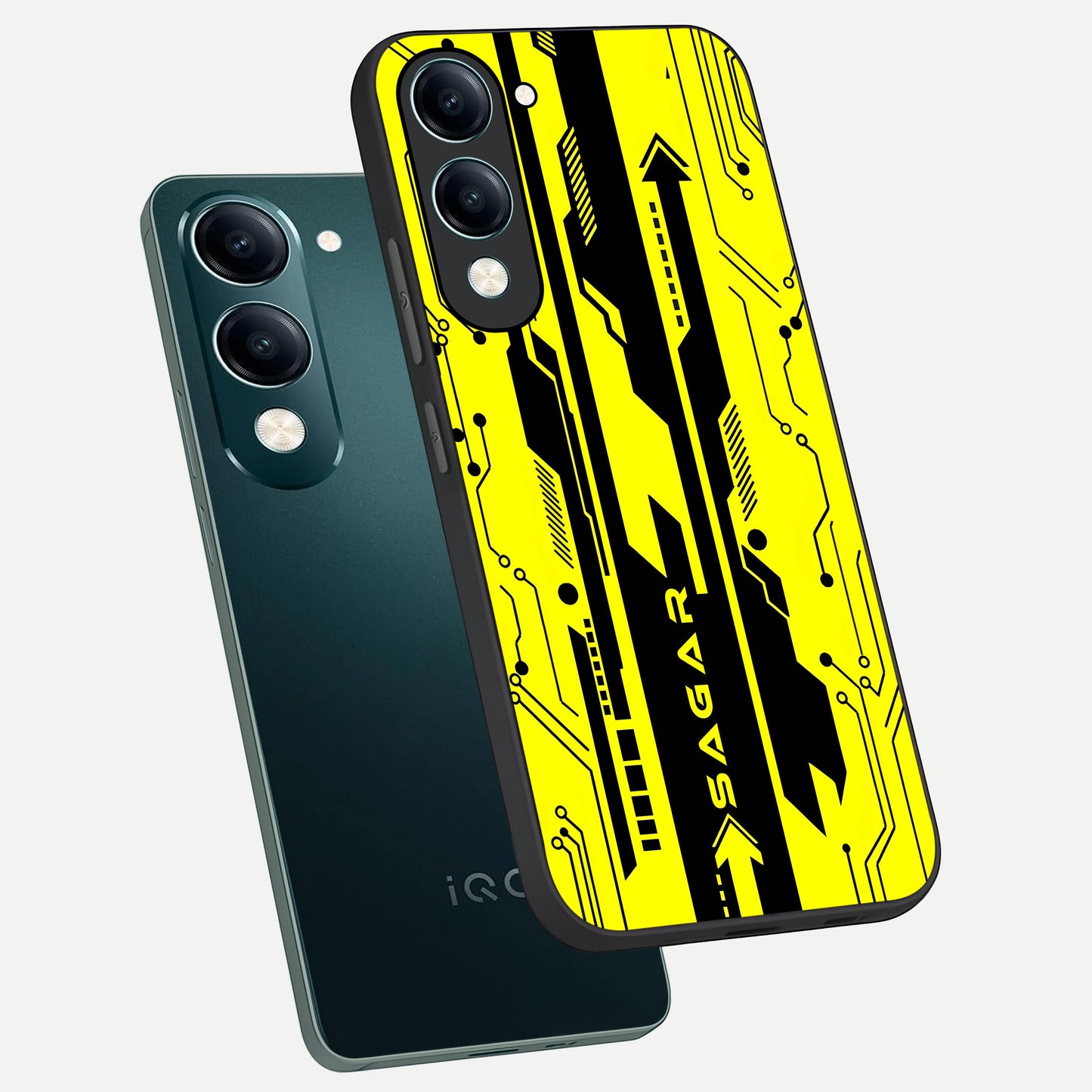  Electric Pulse CYBERPUNK Custom Name phone case for iQOO Z10 Lite showing premium glass back cover with detailed artwork