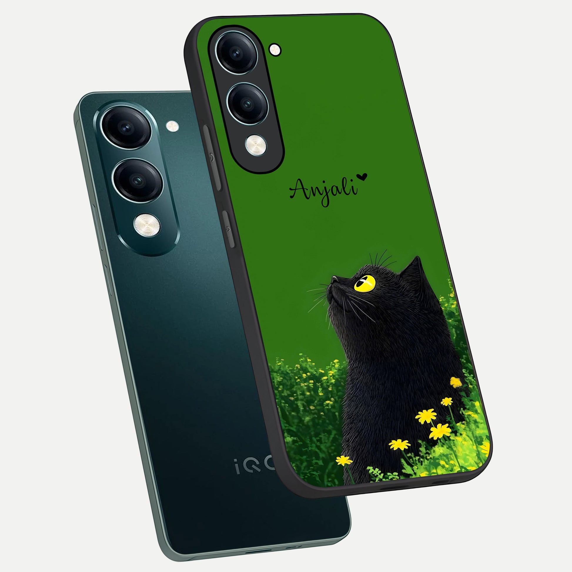  Emerald Cat Custom Name phone case for iQOO Z10 Lite showing premium glass back cover with detailed artwork