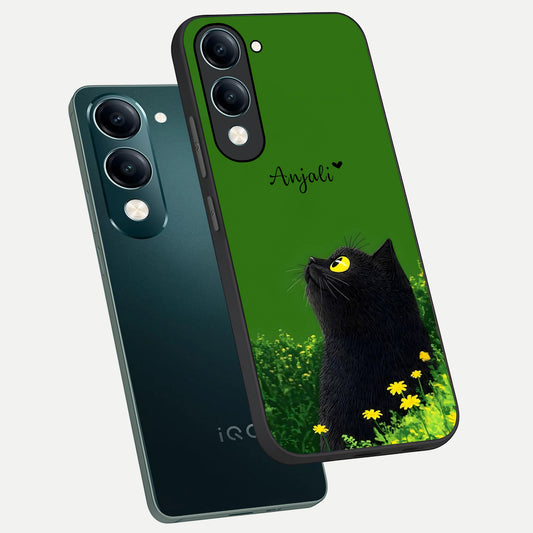  Emerald Cat Custom Name phone case for iQOO Z10 Lite showing premium glass back cover with detailed artwork