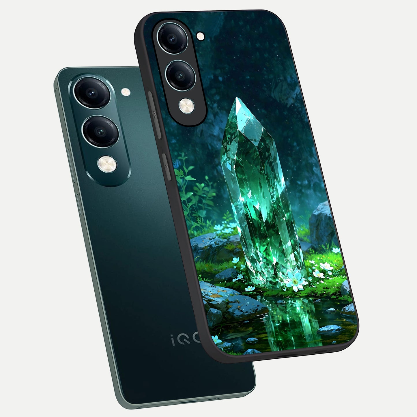  Emerald Light Crystal phone case for iQOO Z10 lite showing premium glass back cover with detailed artwork
