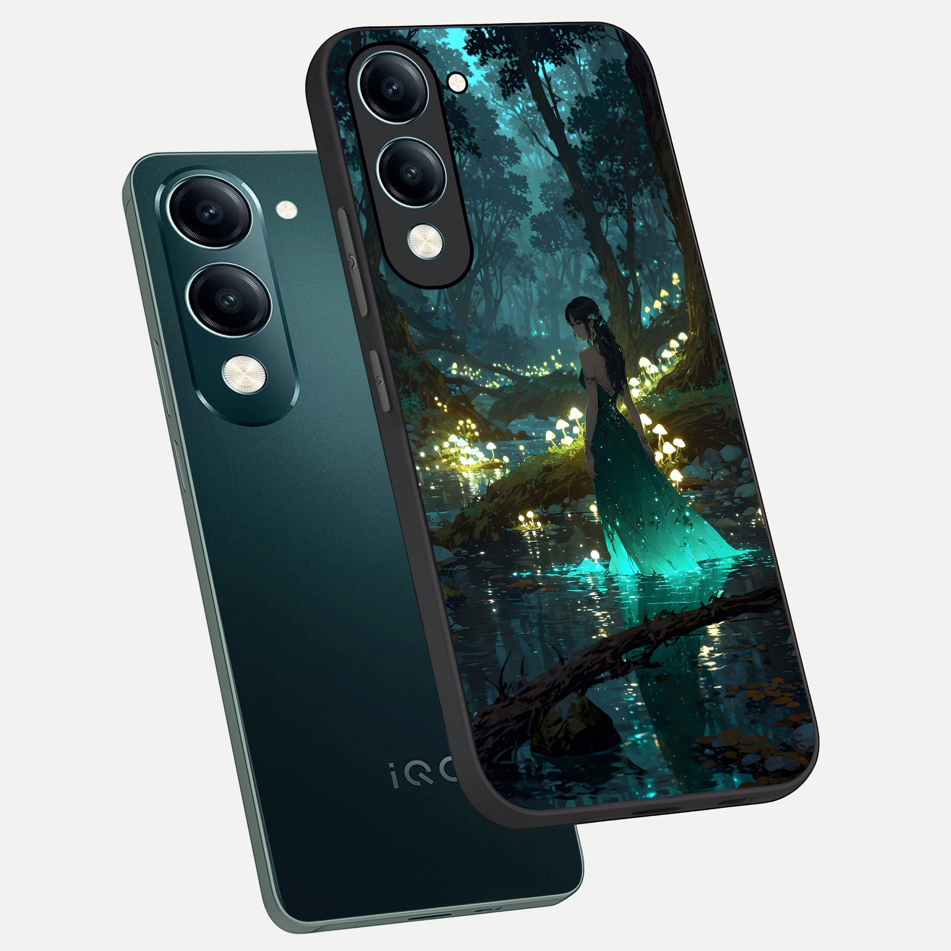  Enchanted Forest Glow phone case for iQOO Z10 lite showing premium glass back cover with detailed artwork