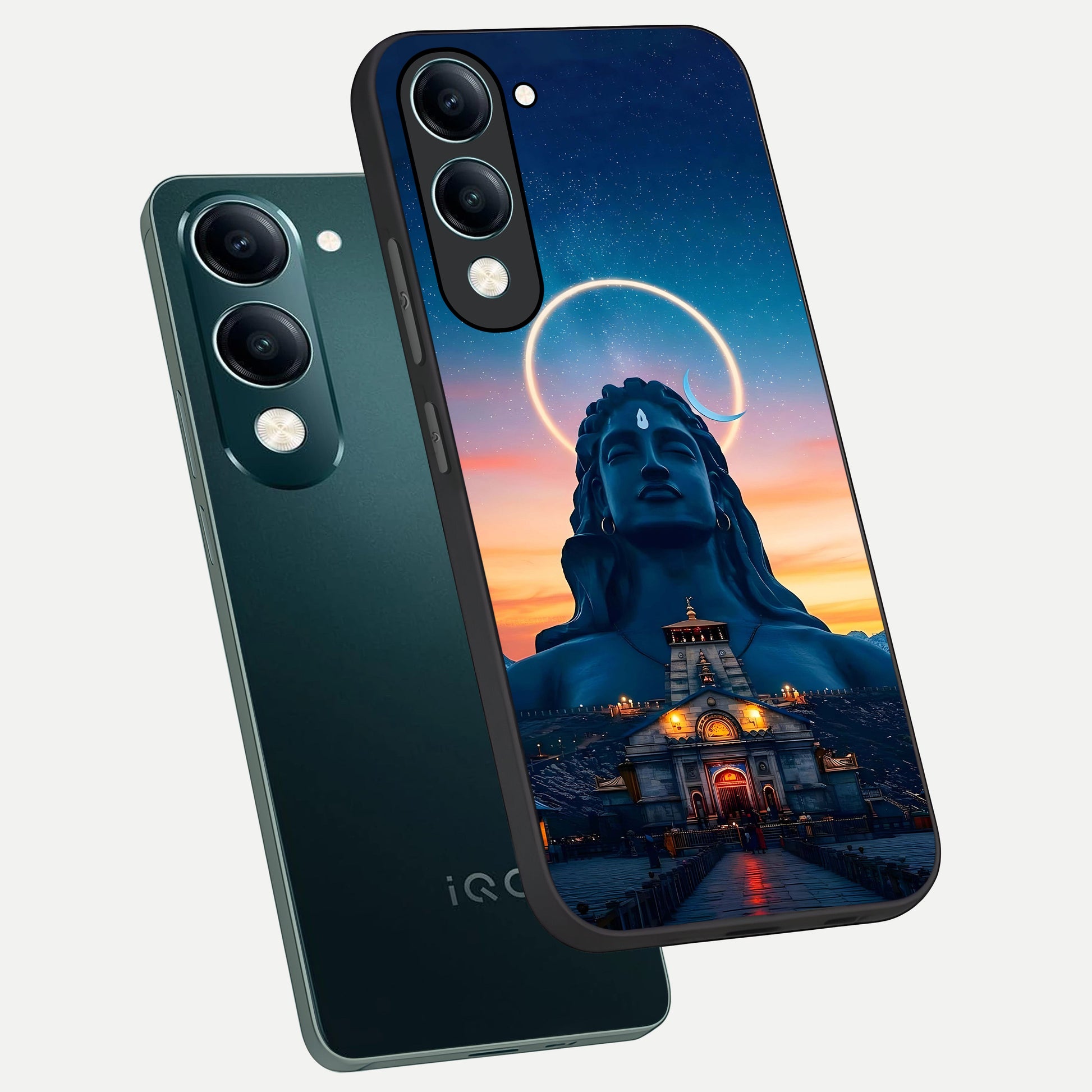  Eternal Shiva Aura phone case for iQOO Z10 lite showing premium glass back cover with detailed artwork