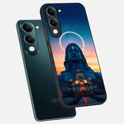  Eternal Shiva Aura phone case for iQOO Z10 lite showing premium glass back cover with detailed artwork