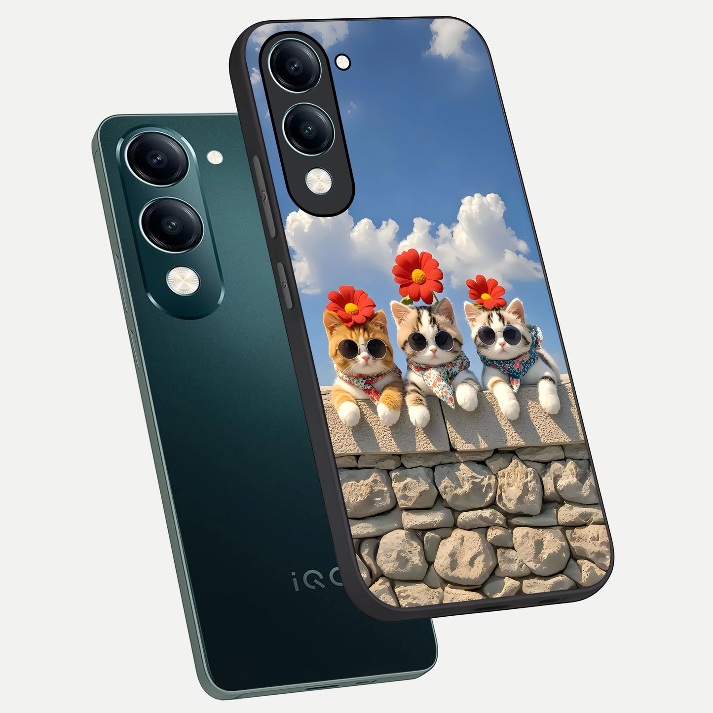  Floral Kitty Squad phone case for iQOO Z10 Lite showing premium glass back cover with detailed artwork