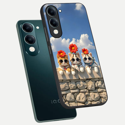  Floral Kitty Squad phone case for iQOO Z10 Lite showing premium glass back cover with detailed artwork