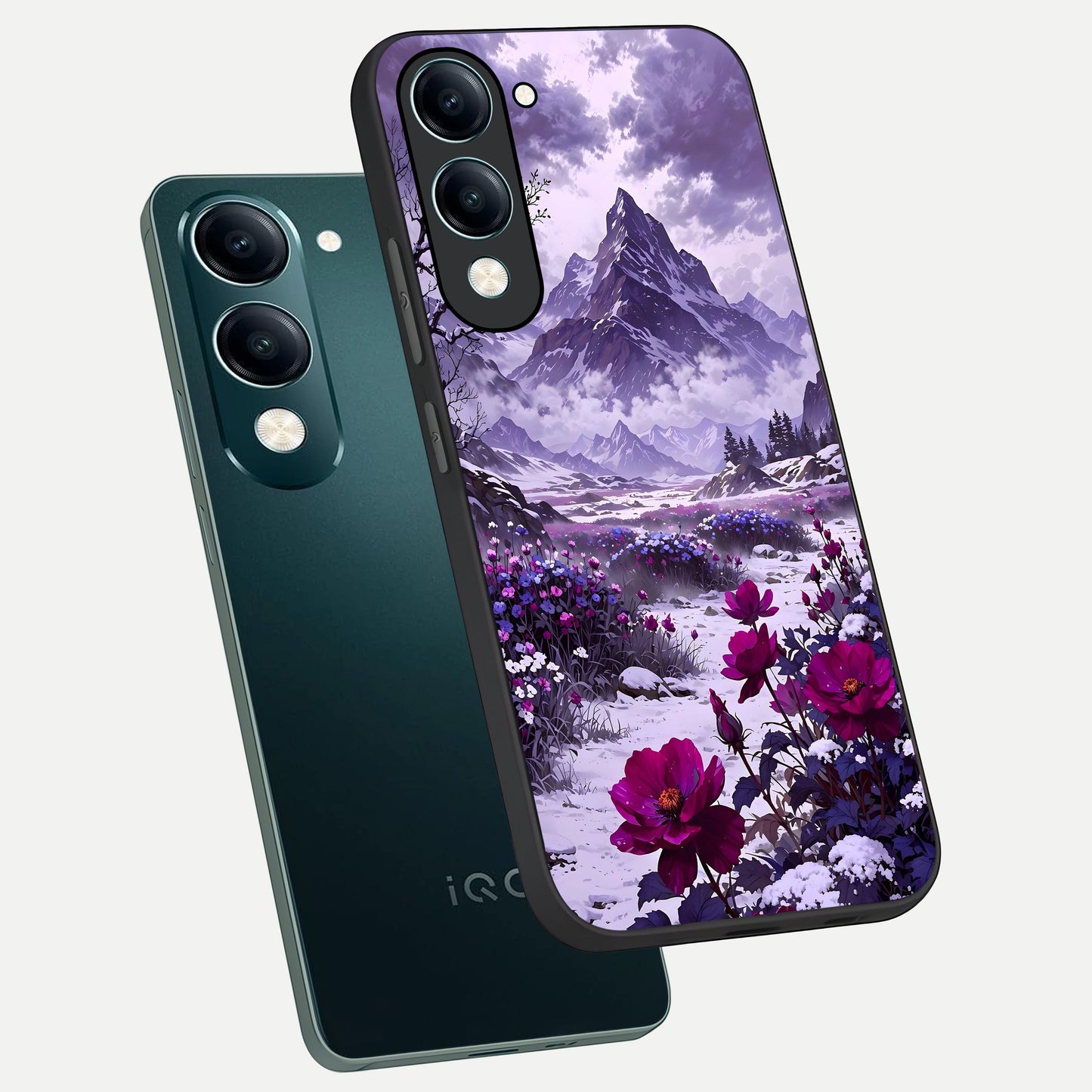  Flower Mountain View phone case for iQOO Z10 lite showing premium glass back cover with detailed artwork
