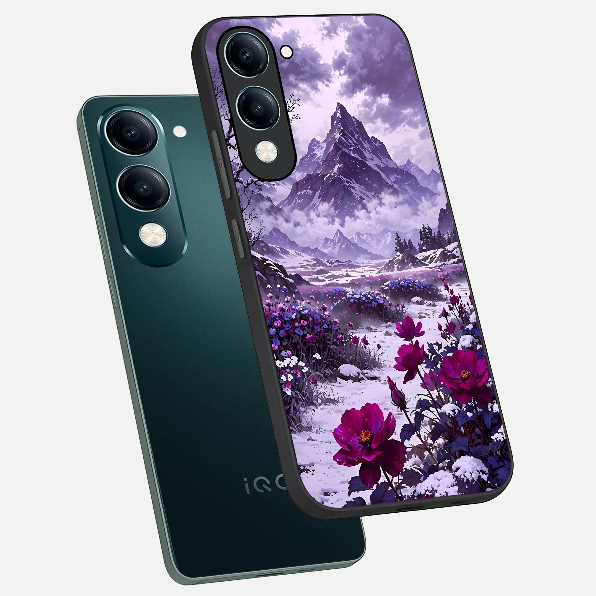  Flower Mountain View phone case for iQOO Z10 lite showing premium glass back cover with detailed artwork