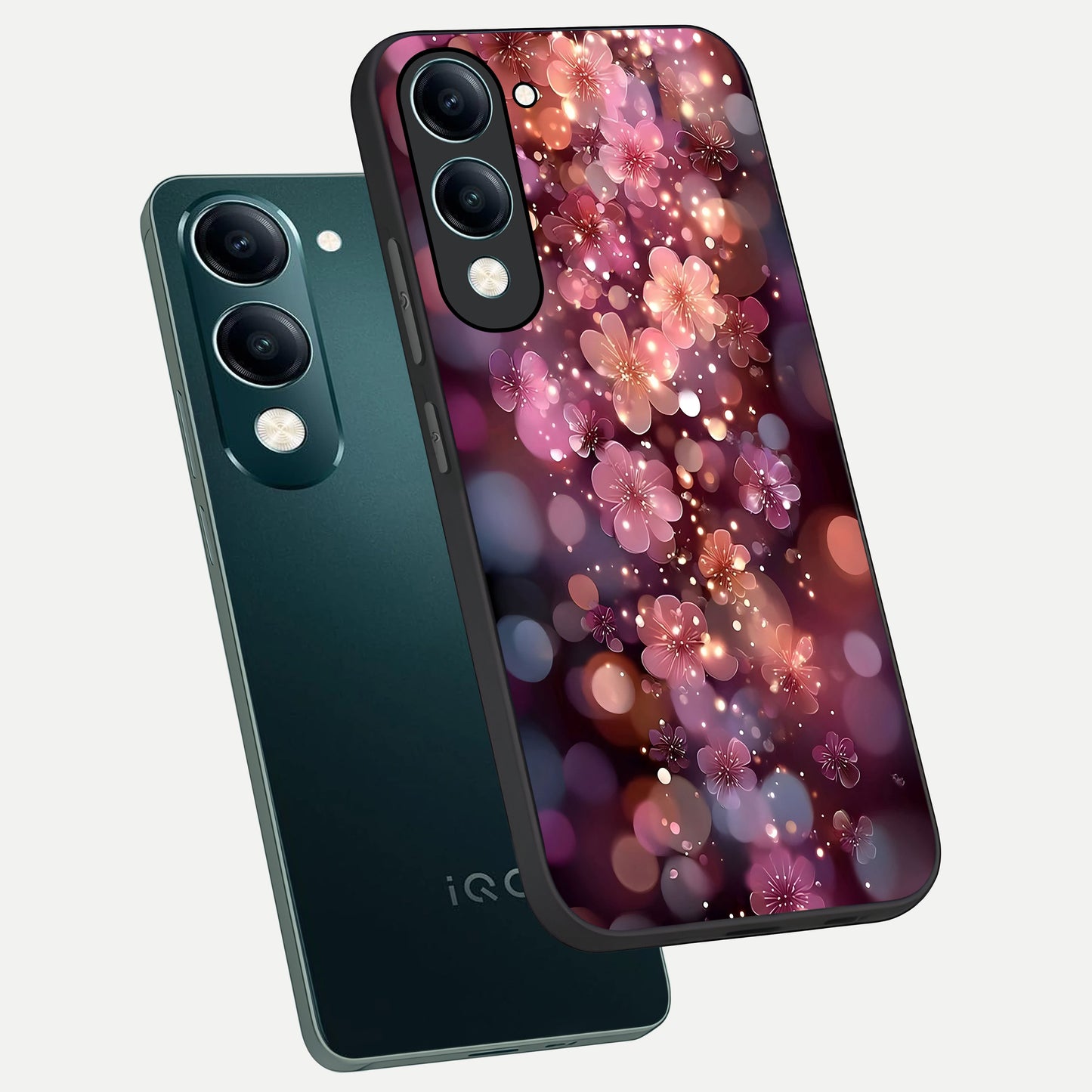  Glowing Petal Bliss phone case for iQOO Z10 Lite showing premium glass back cover with detailed artwork