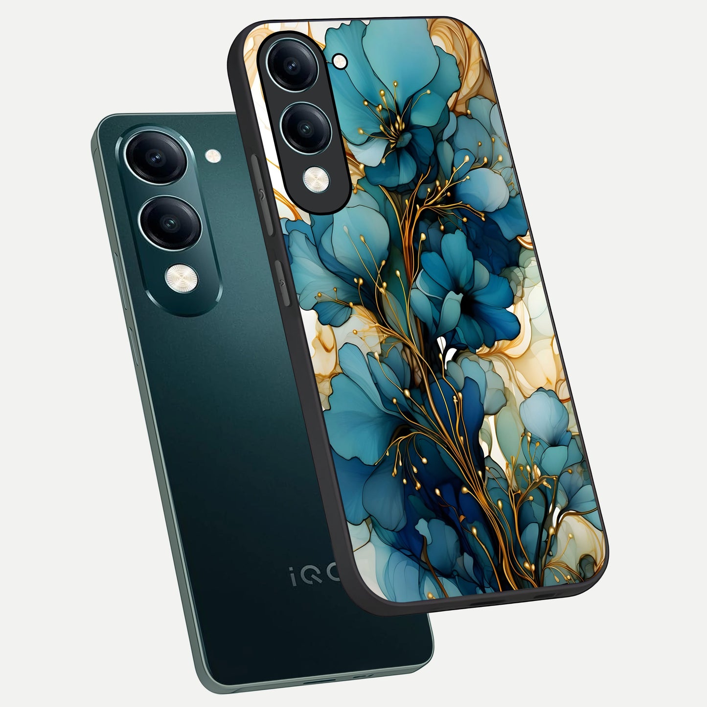  Golden Bloom Symphony phone case for iQOO Z10 Lite showing premium glass back cover with detailed artwork